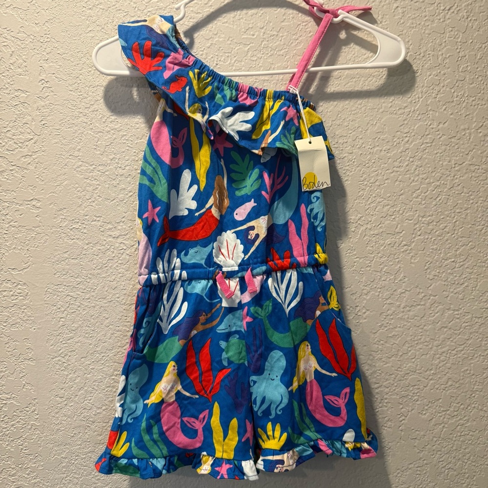 NWT Mini Boden‎ Girls Blue Mermaid One Sleeve Romper Size 5-6